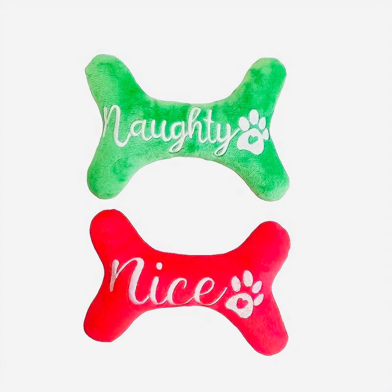 Headlight Harness Bone Shape Dog Naughty/Nice Holiday Toy - 2 Pack Plush Squeaky Toys