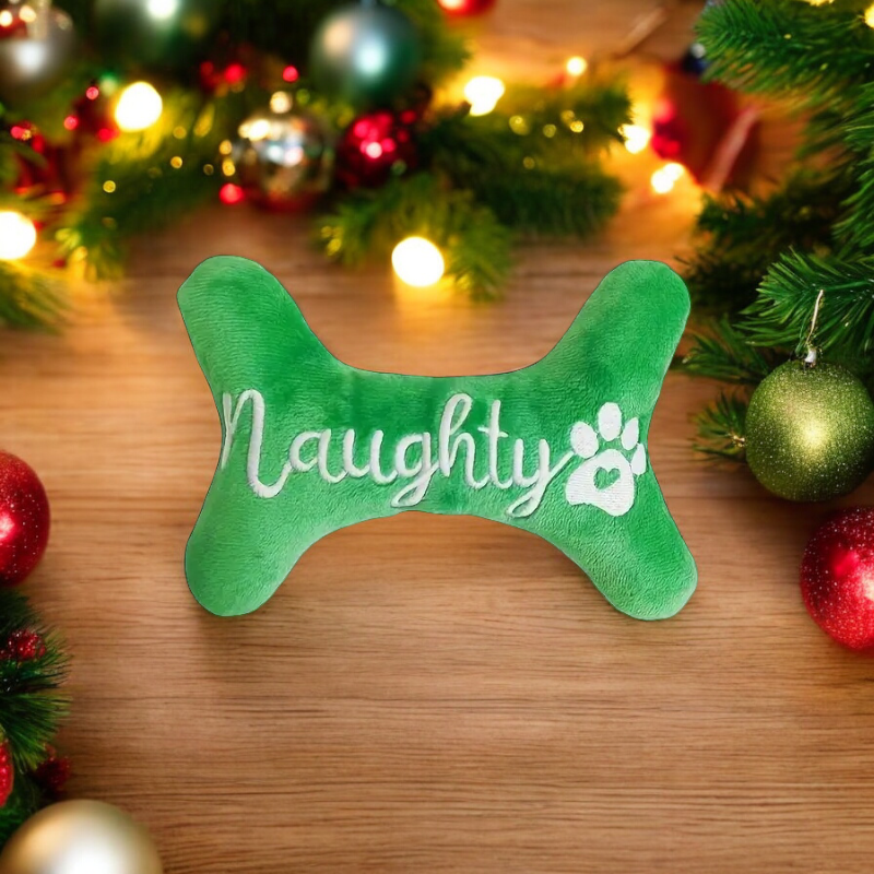 Headlight Harness Bone Shape Dog Naughty/Nice Holiday Toy - 2 Pack Plush Squeaky Toys